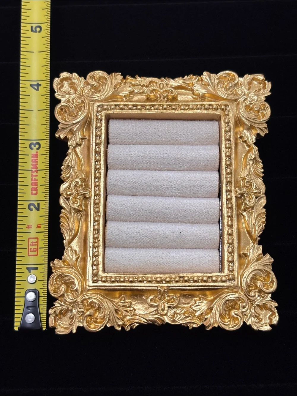 Ornate Ring Holder; Gold Jewelry Display Frame with Cream Velvet Inserts